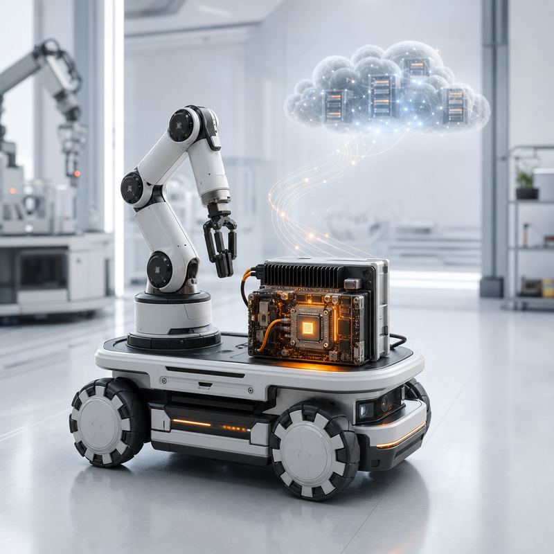 A technical illustration of cloud AI shifting to robot-side edge AI computing.