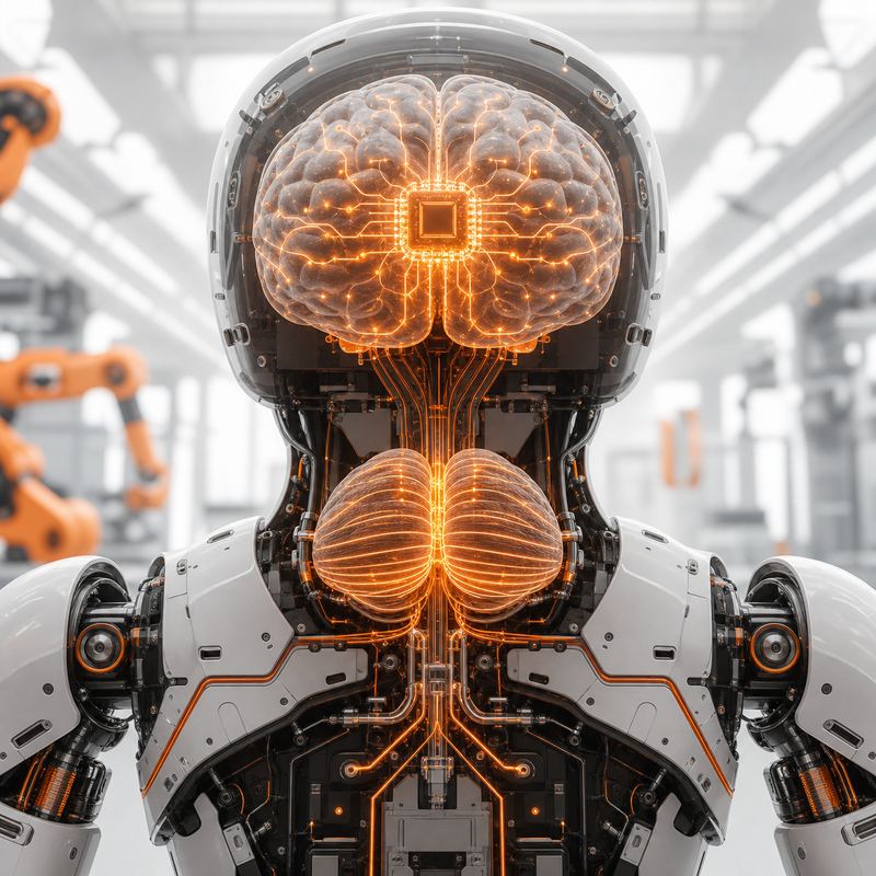 A technical illustration of a robot brain and cerebellum architecture for embodied AI.
