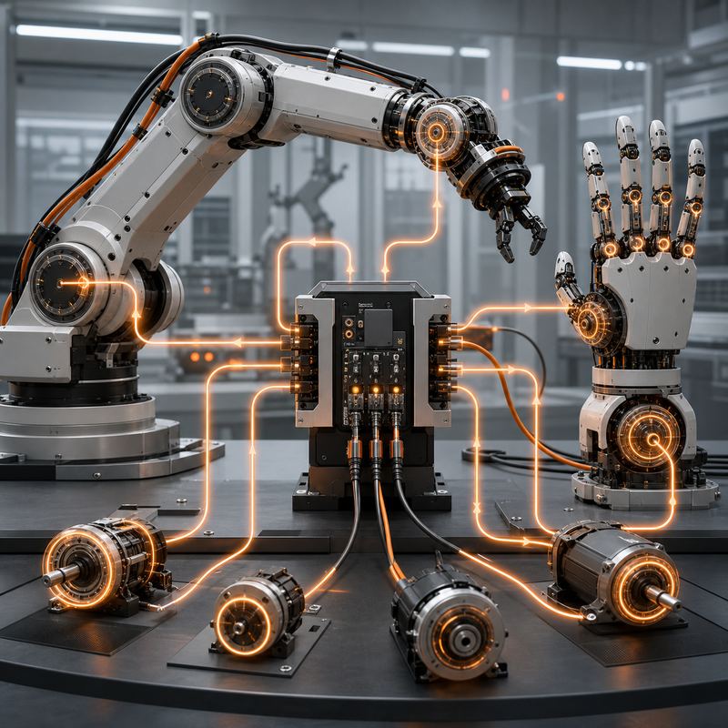 A technical illustration of robot motion control, real-time feedback loops, and actuator coordination.