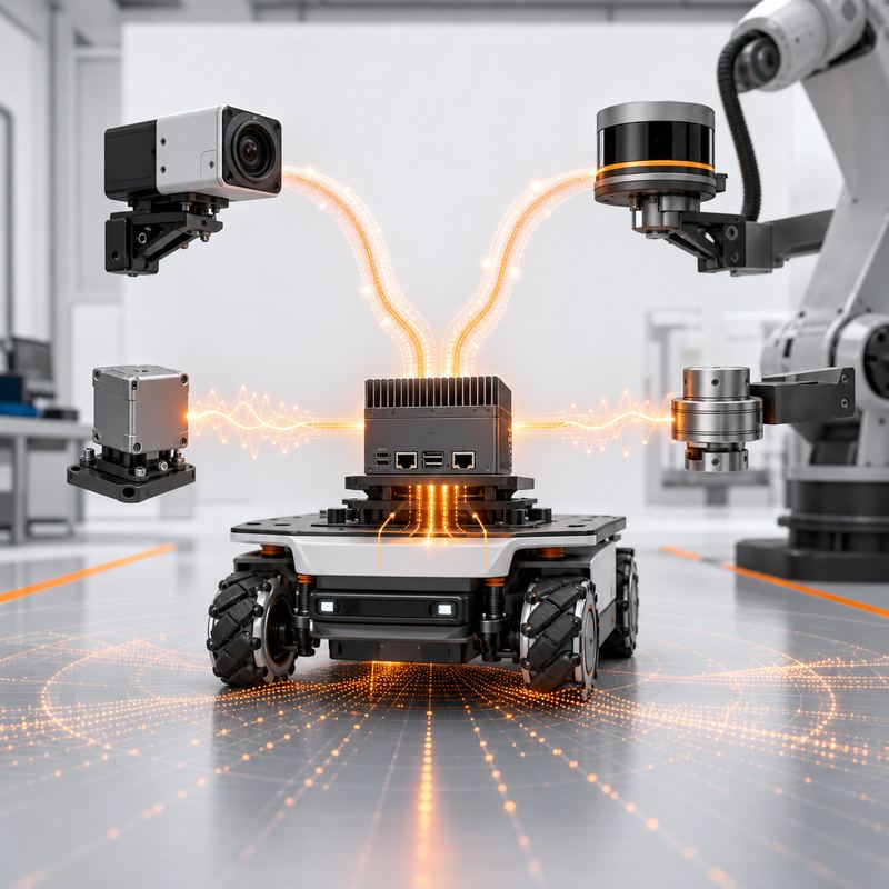 A technical illustration of robot perception, sensor fusion, and edge AI processing.