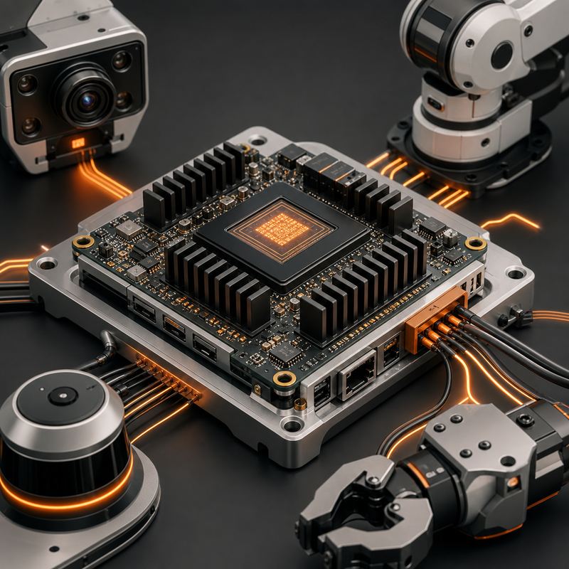 A technical illustration of a silicon-based brain edge AI platform for robotics.