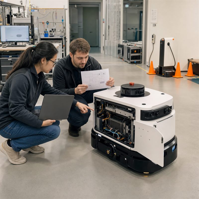 Engineers evaluating sensors, wiring, and edge AI compute inside an autonomous mobile robot.
