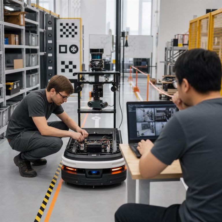 Robotics engineers testing multi-camera perception and robot-side edge AI on an autonomous mobile robot.