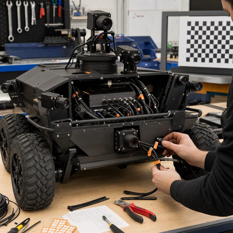 Engineer connecting multiple rugged cameras to the compute bay of an inspection robot.