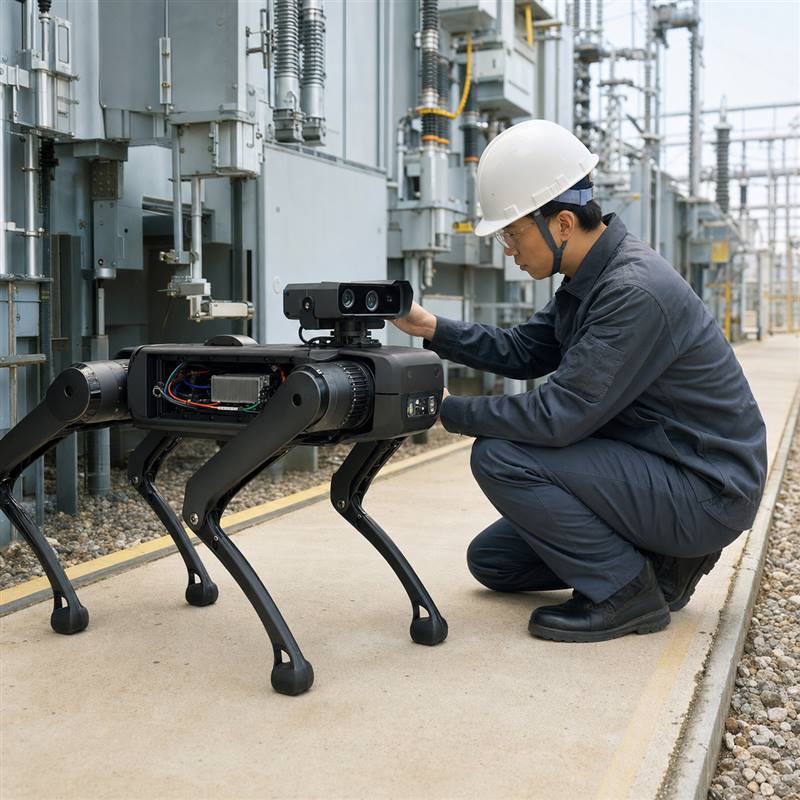 Engineer checking sensor integration on a quadruped inspection robot with installed edge AI hardware