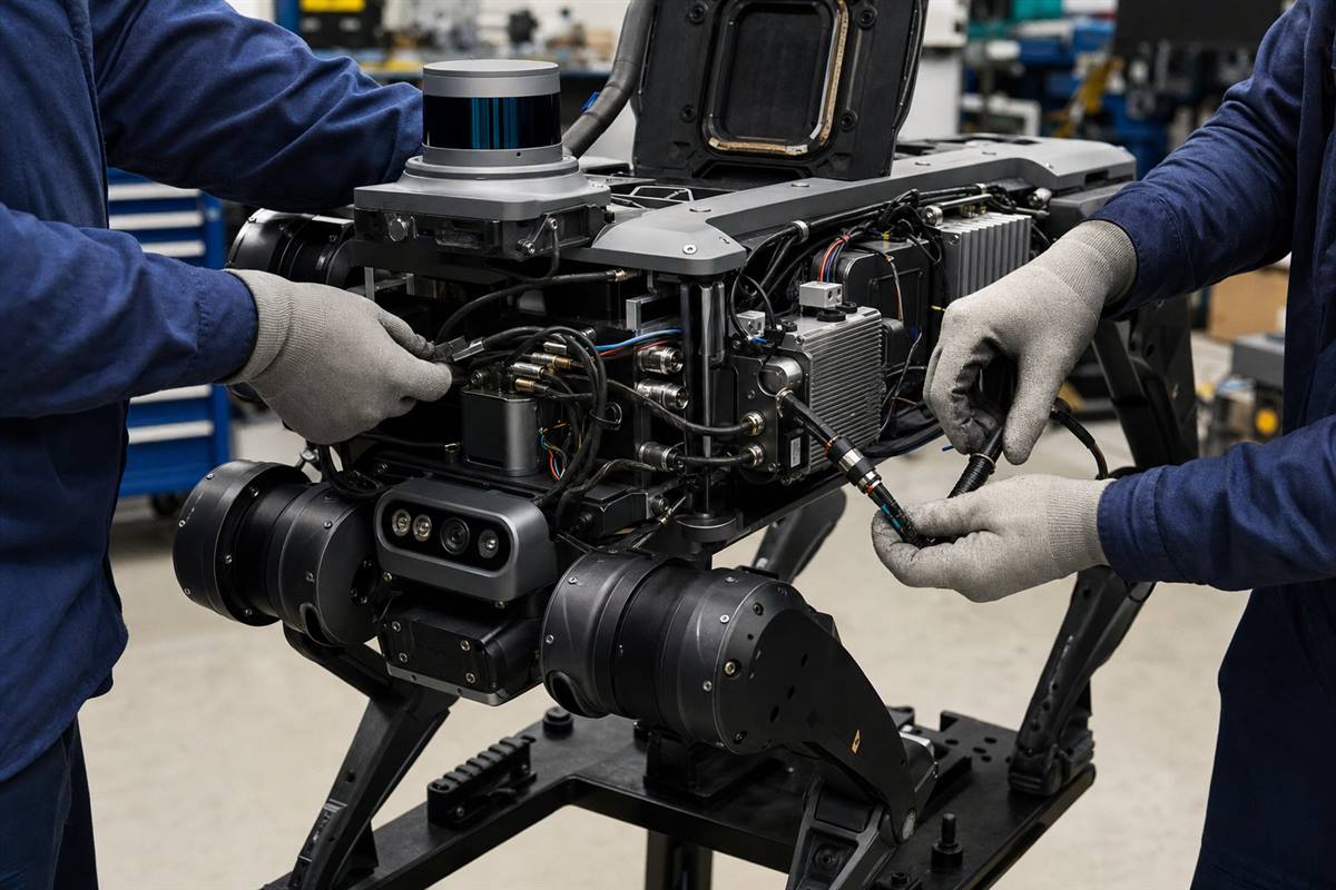 Engineers integrating sensors and embedded edge AI hardware into a quadruped inspection robot