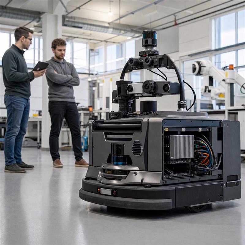 Robotics engineers reviewing an autonomous mobile robot with installed robot-side edge AI compute
