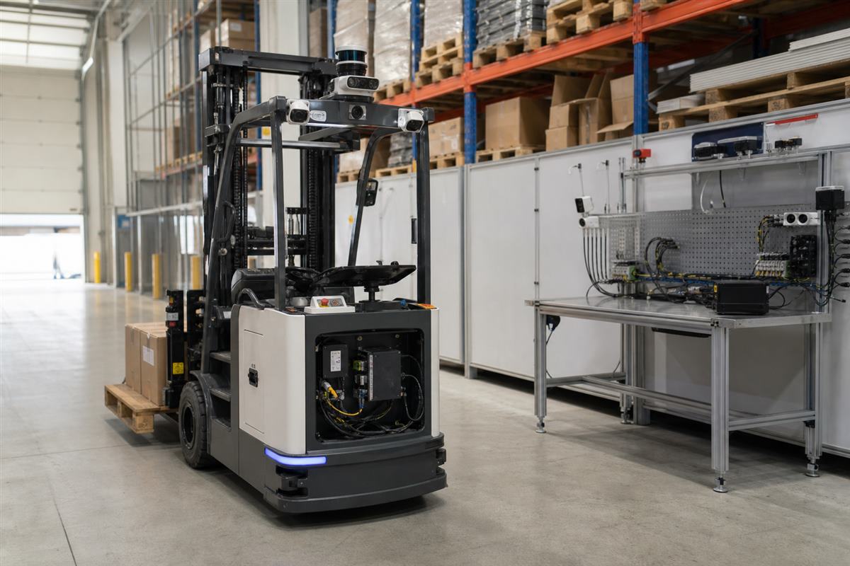 Autonomous forklift with cameras and a protected robot-side edge AI computer in a warehouse integration setting