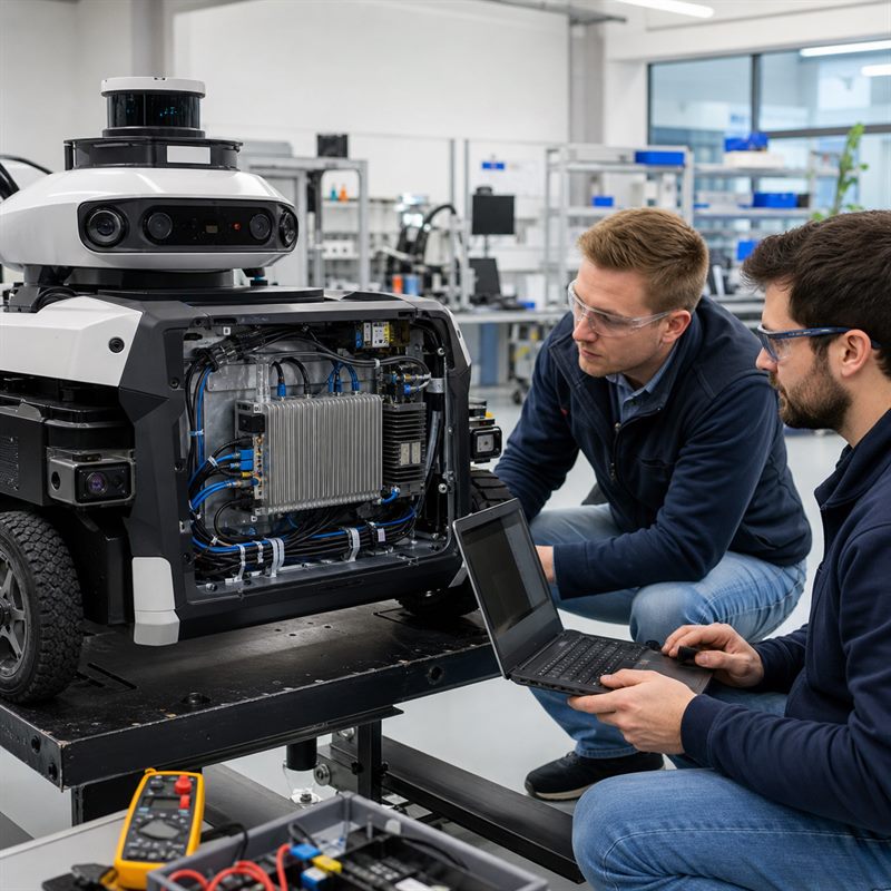 Engineers reviewing a compact robot-side AI computer installed inside an autonomous inspection robot