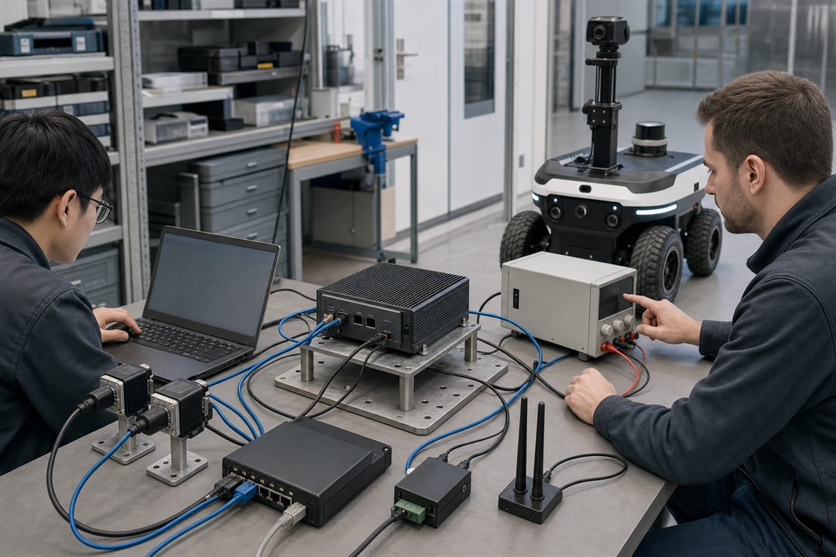 Engineers validating cameras, power, networking, and a compact robot-side AI computer before mobile robot deployment
