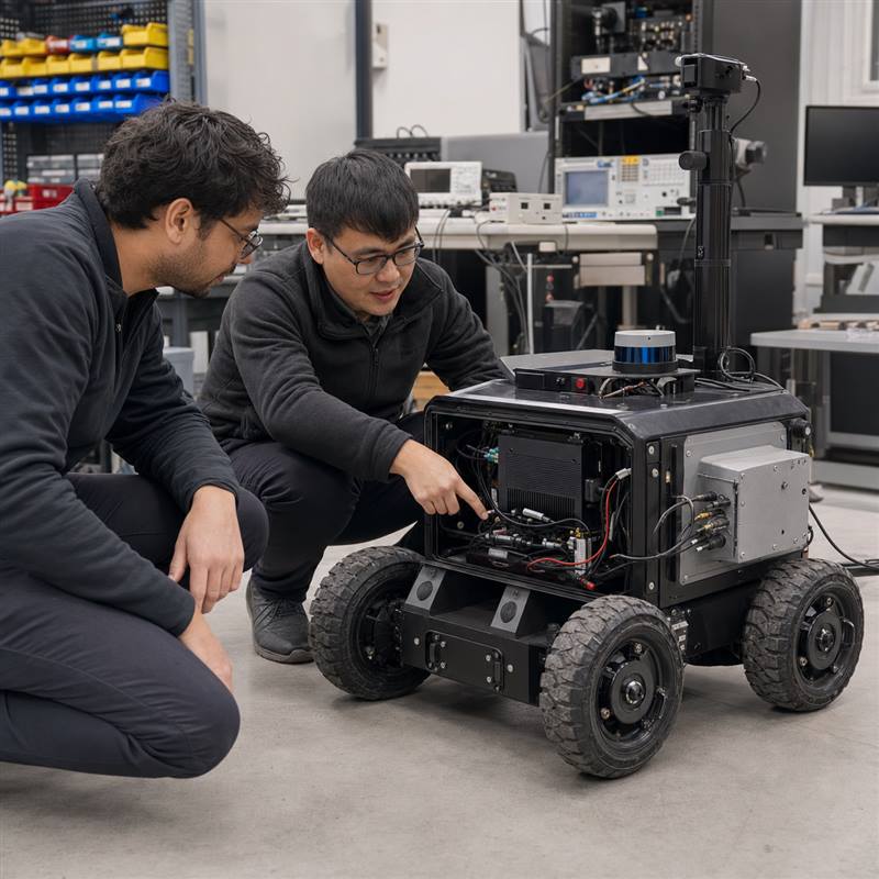 Engineers reviewing a compact robot-side AI computer installed inside a mobile robot