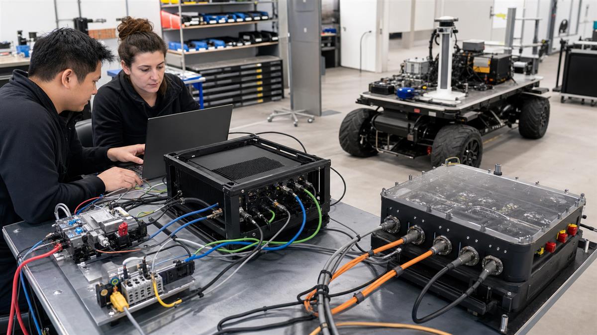 Engineers validating camera, Ethernet, CAN, power, and robot-side edge AI computer connections on a mobile robot