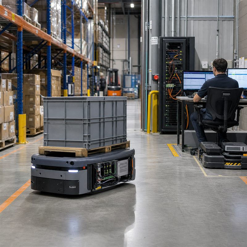 Autonomous mobile robot using local edge compute in a connected warehouse operation.