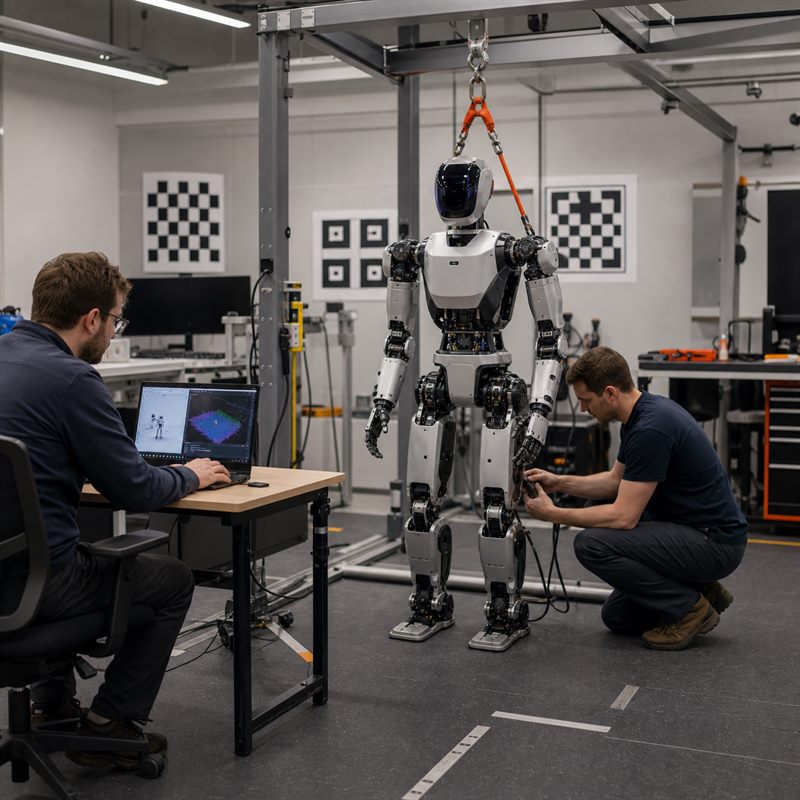Engineers validating perception planning and lower-body control on a humanoid robot.