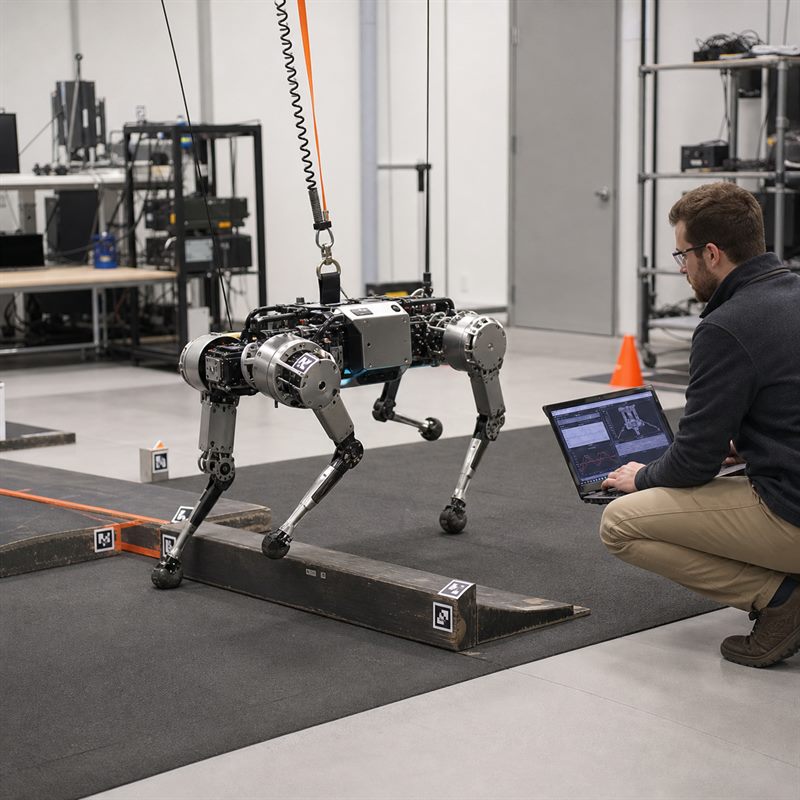 Quadruped robot stepping over an obstacle during closed-loop motion control testing.