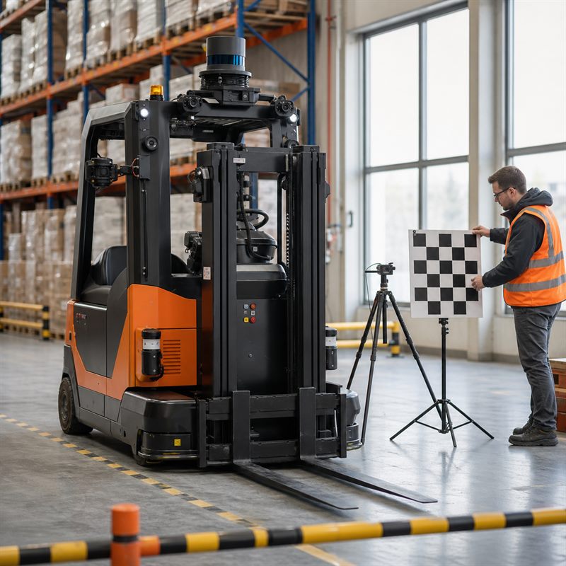 Engineer calibrating cameras and lidar on an autonomous forklift for sensor fusion.