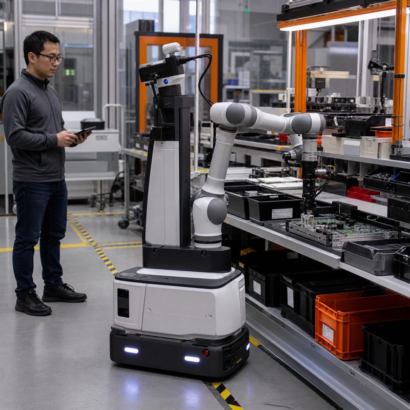 Mobile manipulator using integrated edge AI to perform an electronics pick-and-place task.