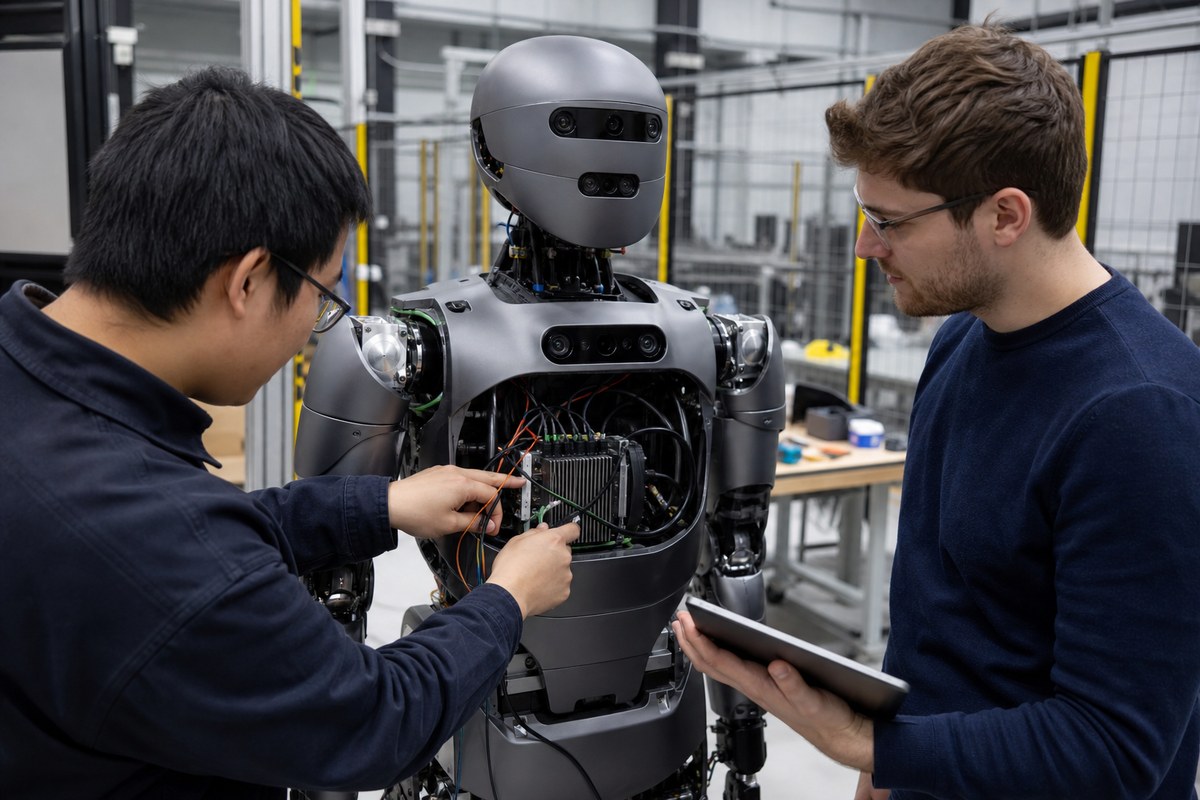 Engineers reviewing a humanoid robot with installed multi-camera edge AI compute.