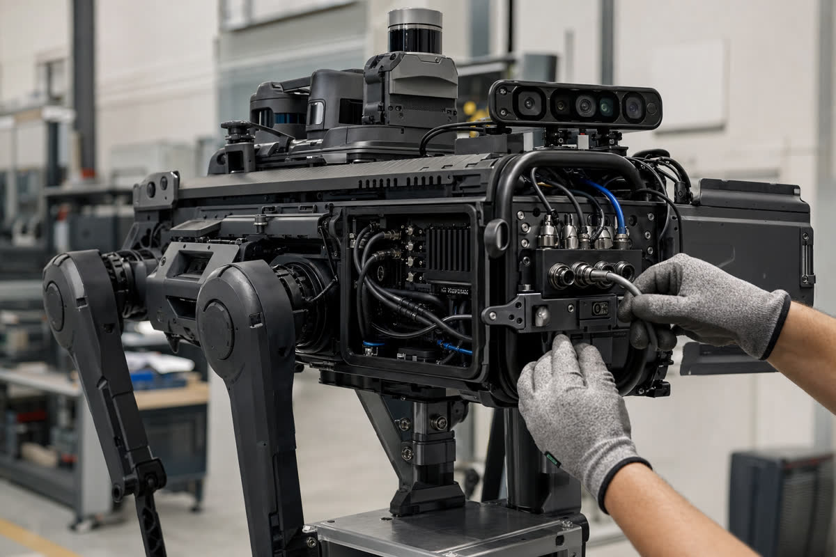 Engineer integrating sensors and edge AI compute into an industrial quadruped inspection robot.