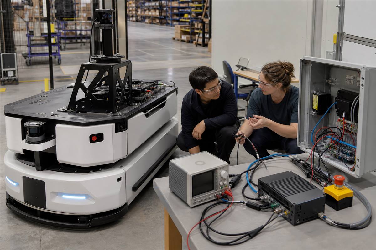 Engineers validating sensors and robot-side AI inference on an autonomous robot.