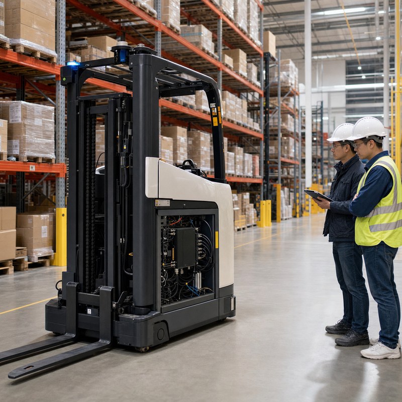 Autonomous forklift with installed robot-side edge AI computer in a warehouse.