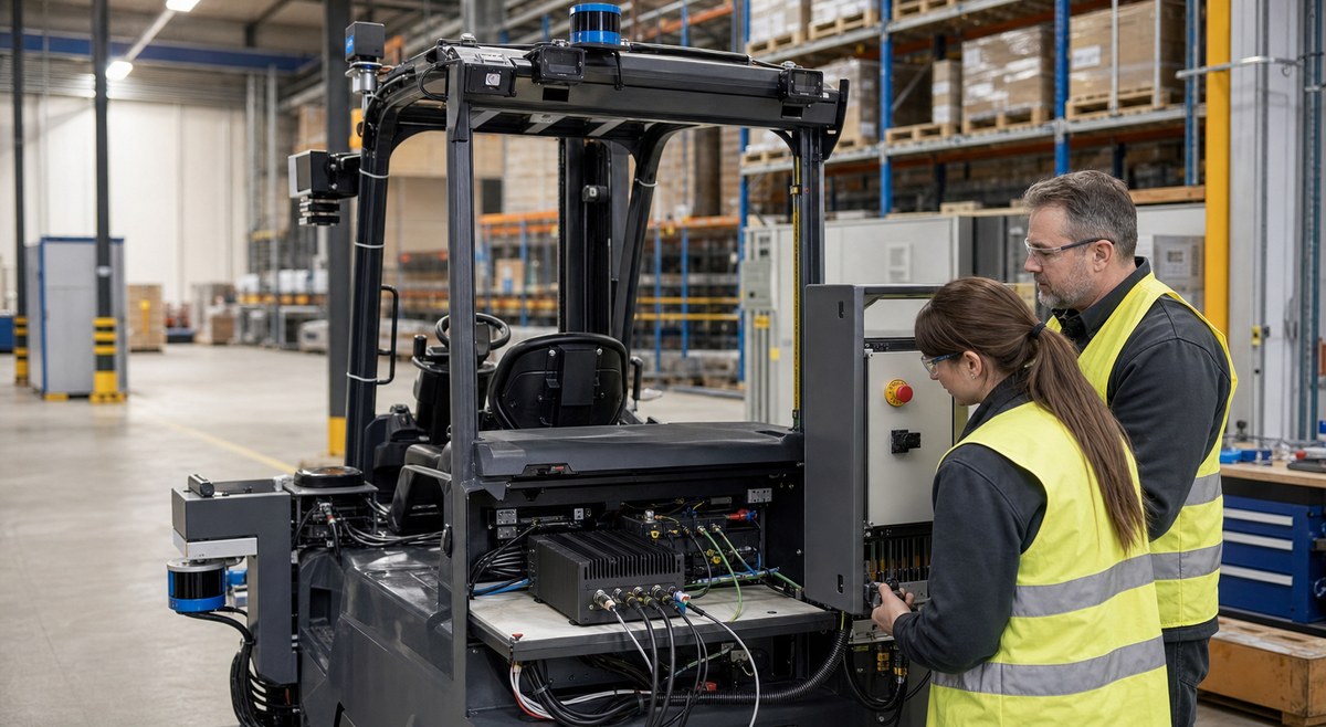 Engineer validating sensors and edge AI compute on an autonomous forklift.