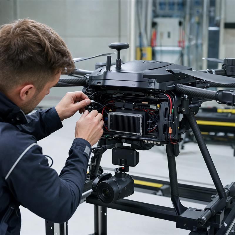 Technician inspecting a compact edge AI computer installed on an industrial inspection drone