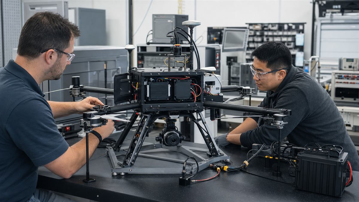 Technicians validating cameras, power, telemetry, and a compact edge AI computer on an industrial inspection drone