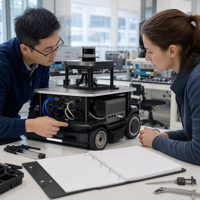 Engineers reviewing an edge AI computer installation on a mobile robot during supplier evaluation