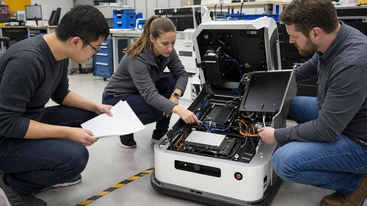 Engineering team reviewing cabling, thermal mounting, and edge AI computer evidence inside a mobile robot