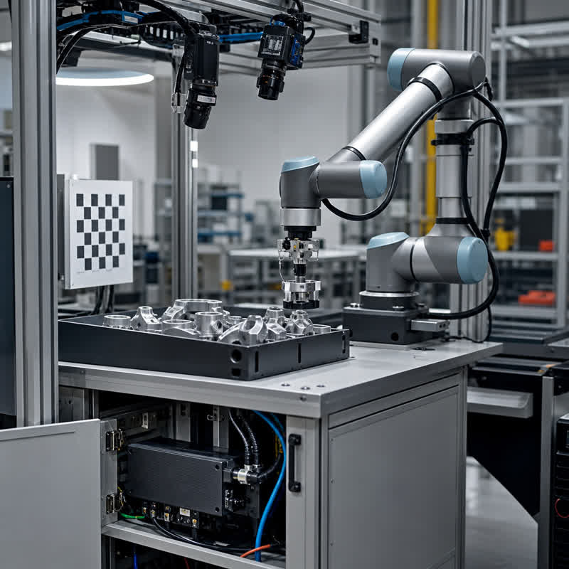 Industrial cobot vision cell with fixed cameras and a cable-managed edge AI computer installed in the equipment cabinet