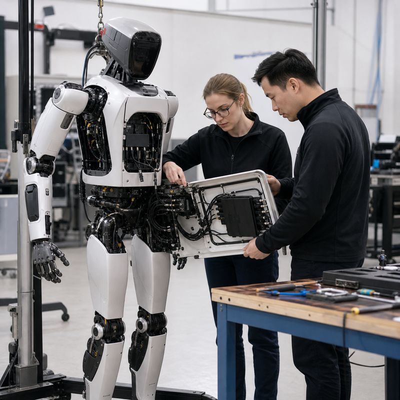Engineers evaluating a robot-side edge AI computer in a humanoid robotics integration lab