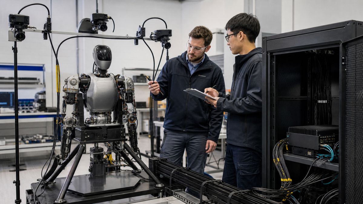 Engineers validating a robot-side edge AI computer with cameras and sensor cables in a humanoid robotics lab