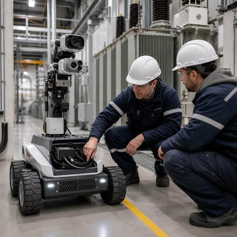 Engineers reviewing camera integration on an inspection robot with a robot-side edge AI computer.