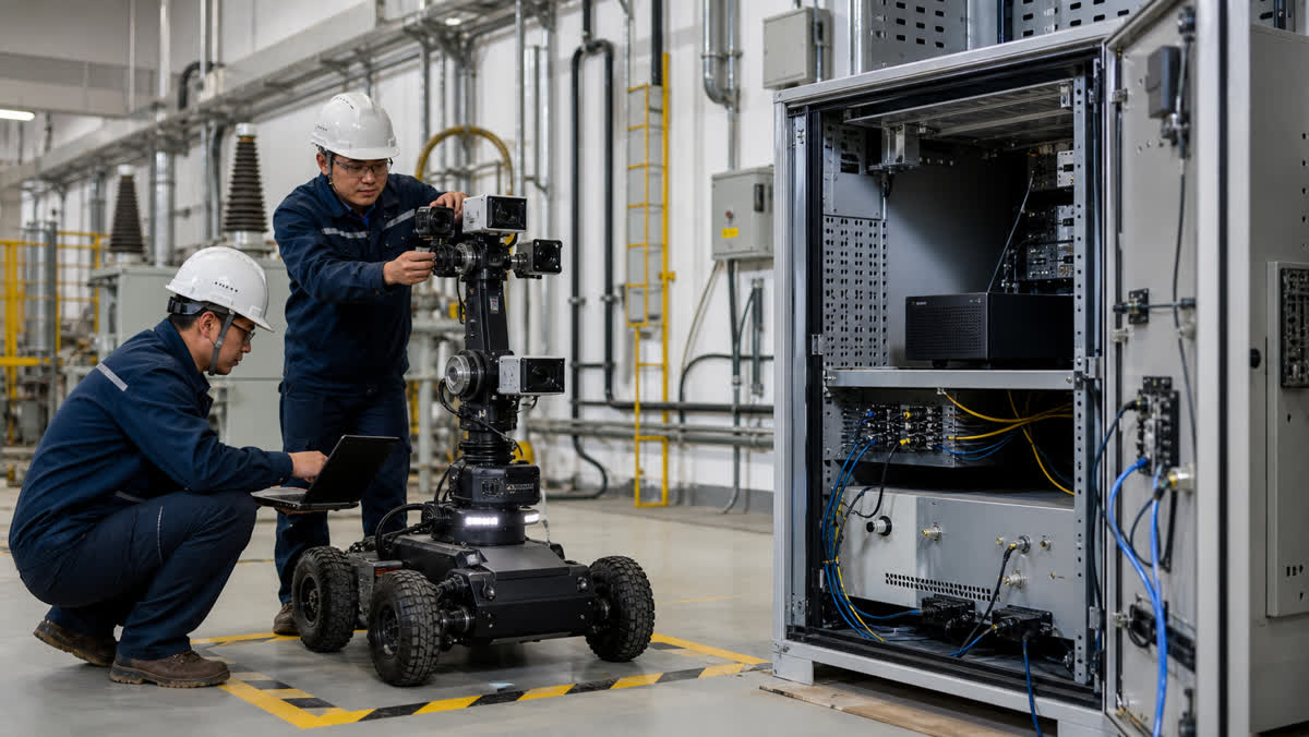 Engineers validating a multi-camera inspection robot and its robot-side edge AI computer in an industrial service bay.