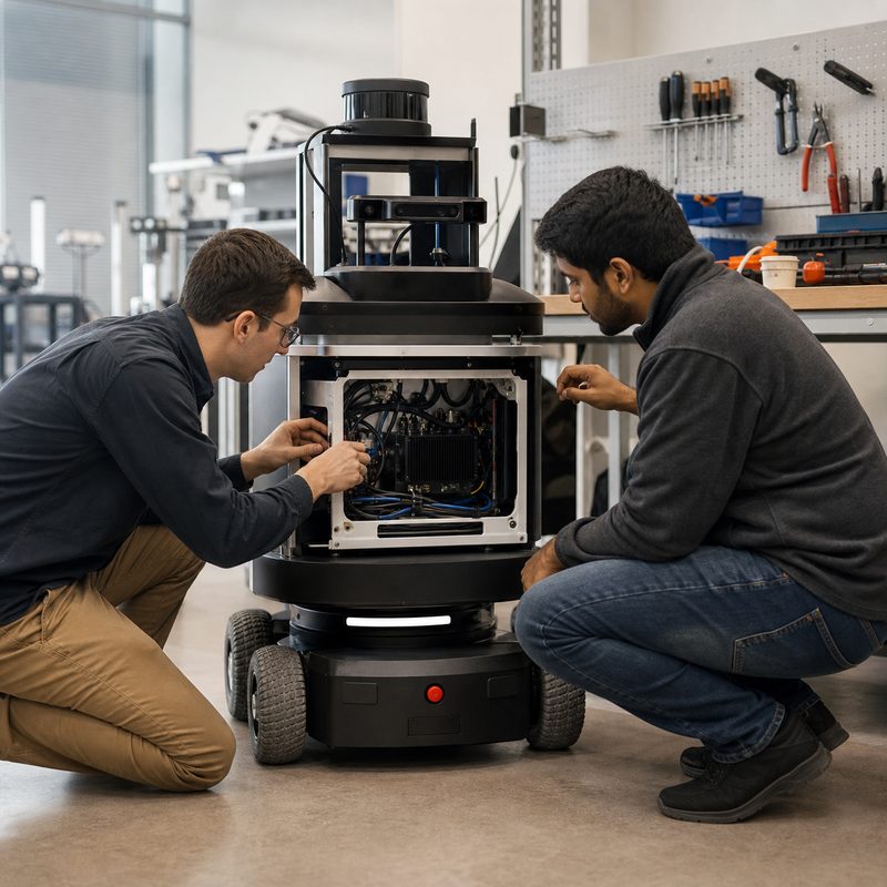 Engineers integrating a robot-side edge AI computer into an autonomous mobile robot in a robotics lab.