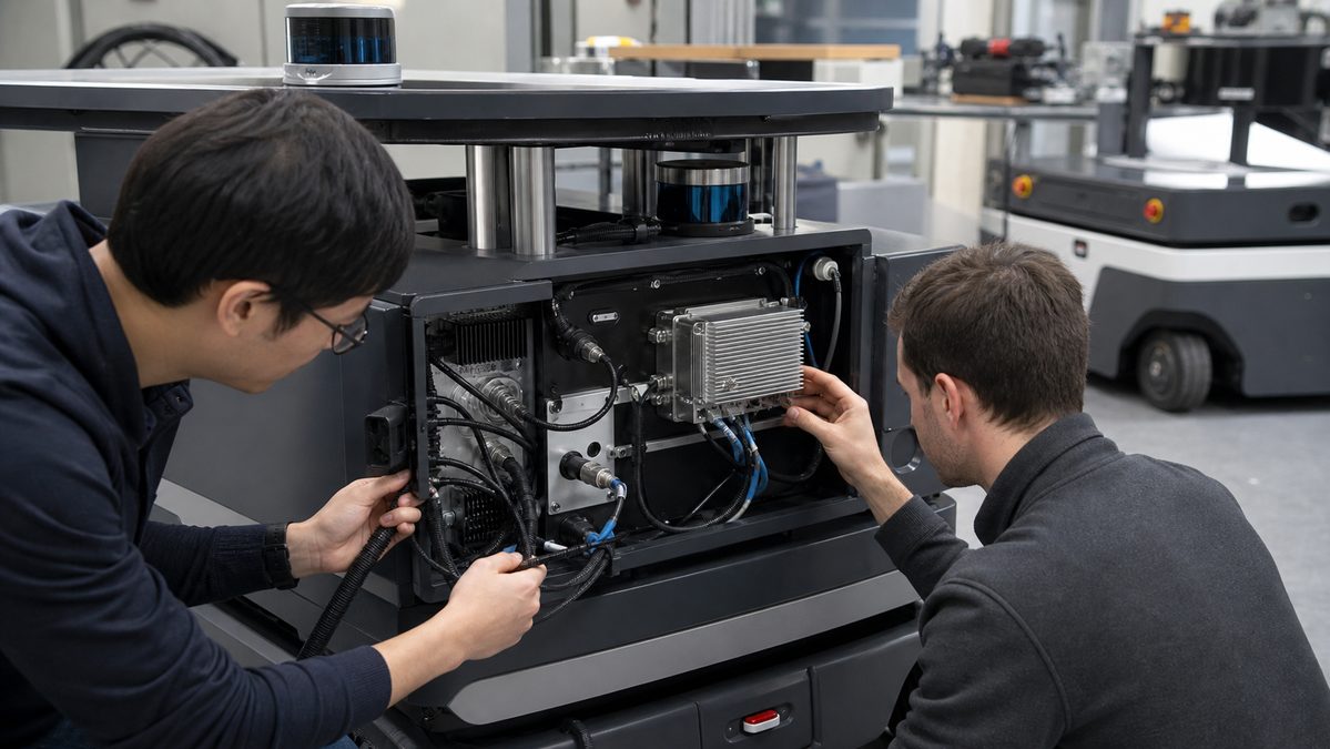 Engineers validating an installed robot-side edge AI computer with camera, power, and communication cables on an autonomous mobile robot.