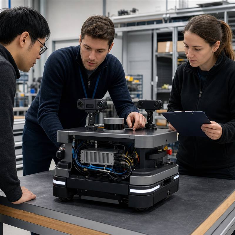 Robotics engineers reviewing cameras, lidar and a compact robot-side edge AI computer on a mobile robot integration bench.