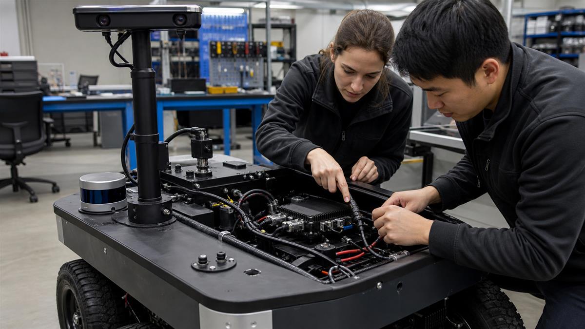 Engineers checking cameras, lidar, power wiring and a robot-side edge AI computer on a mobile robot integration bench.