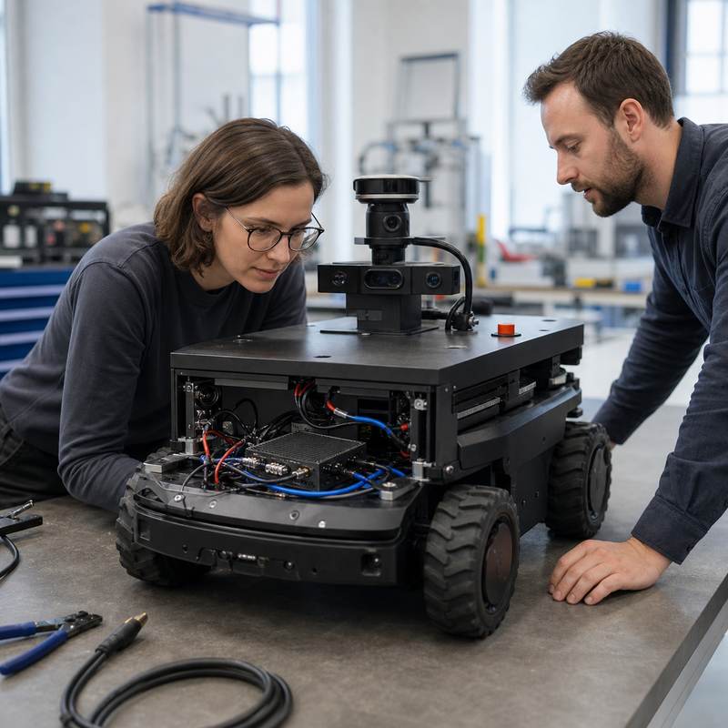 Engineers evaluating an autonomous mobile robot with installed edge AI computer in a robotics lab.