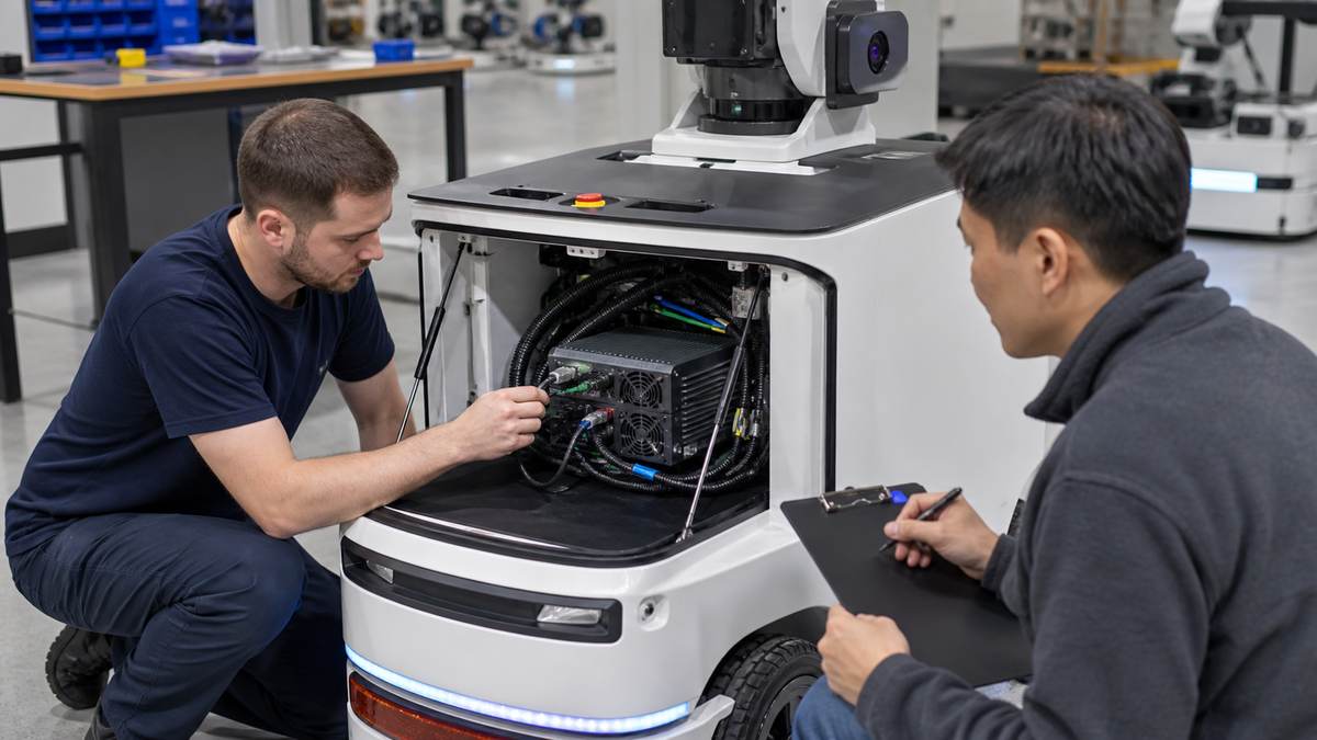 Technician validating cable-managed robot-side edge AI computer installation inside an autonomous mobile robot