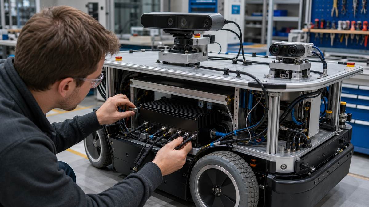 Engineer validating a compact edge AI computer installed in a wheeled robot prototype with camera and sensor cables