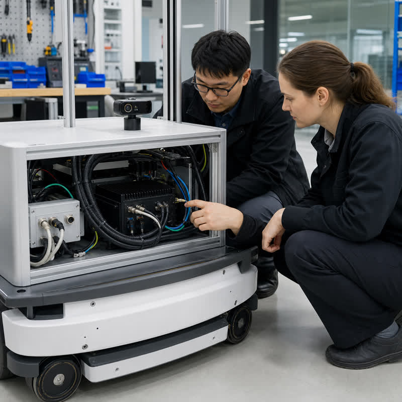 Engineers reviewing an autonomous mobile robot with installed edge AI compute in a robotics lab.