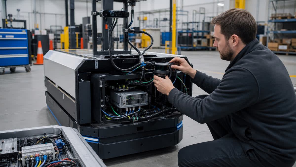 Engineer validating camera, power, and network connections on an autonomous mobile robot with installed edge AI compute