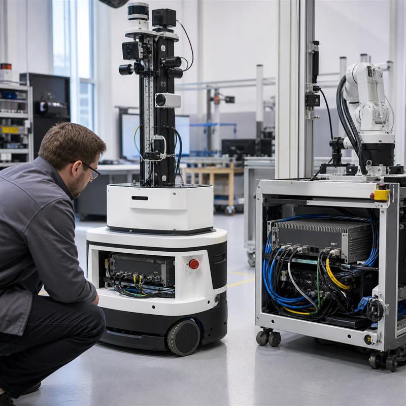 Engineer reviewing installed edge AI compute and cable routing on a multi-camera mobile robot in a robotics laboratory