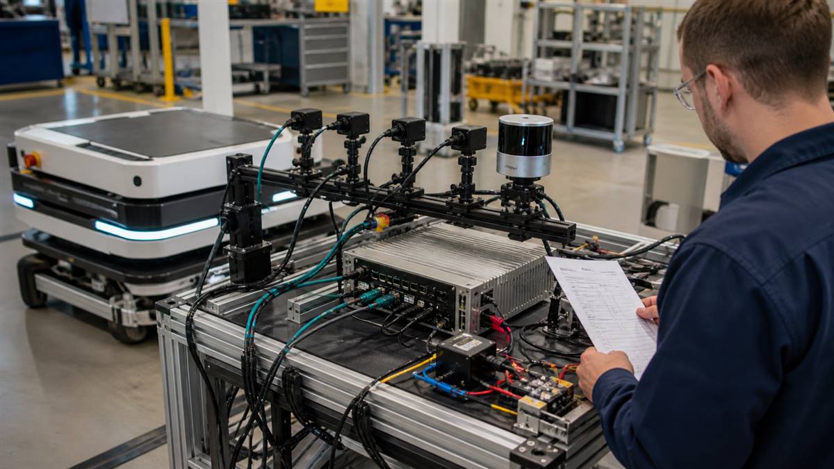 Engineer validating camera, sensor, network and power cabling around an installed robotics edge AI computer beside an AMR test bench