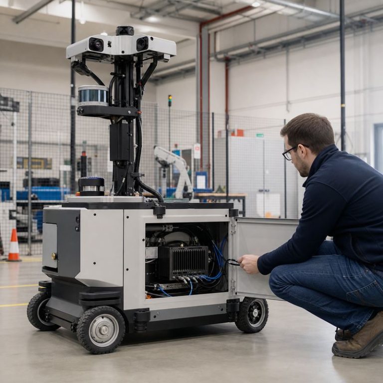 Engineer reviewing installed edge AI compute and sensor cabling on a mobile inspection robot in a robotics laboratory