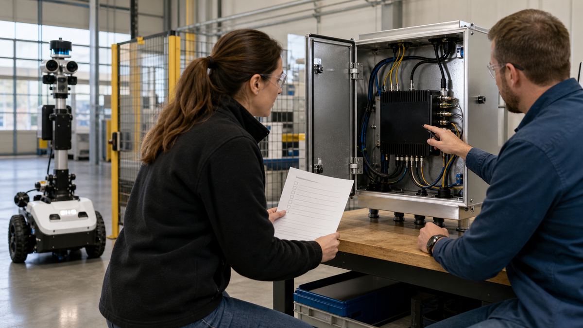 Engineers reviewing camera, sensor, network and power connections for an embodied AI robot architecture