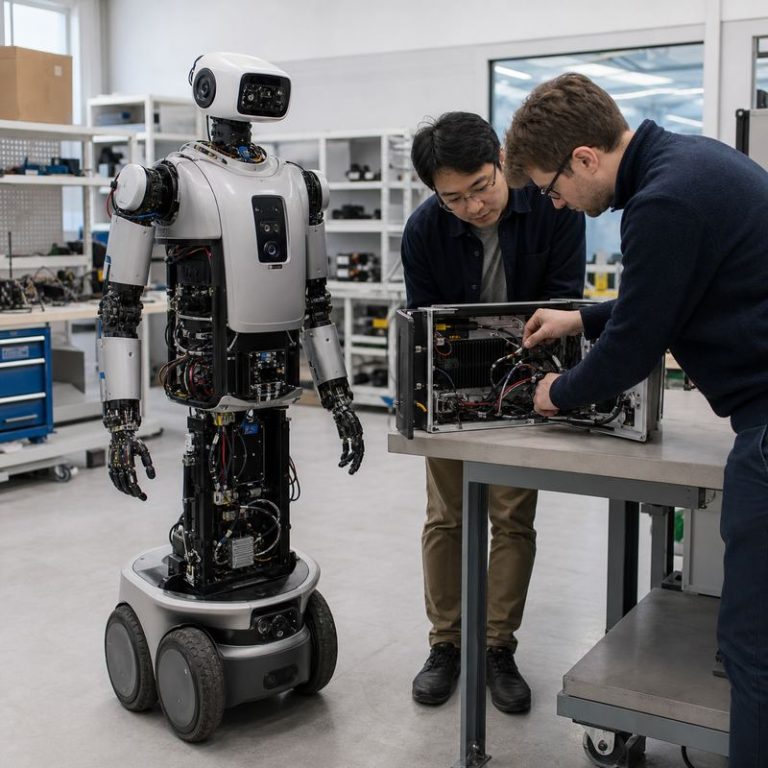 Engineers reviewing robot-side AI computing hardware beside a wheeled humanoid robot in a robotics integration lab.