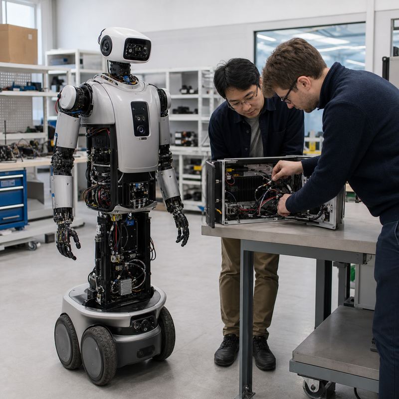 Engineers reviewing robot-side AI computing hardware beside a wheeled humanoid robot in a robotics integration lab.